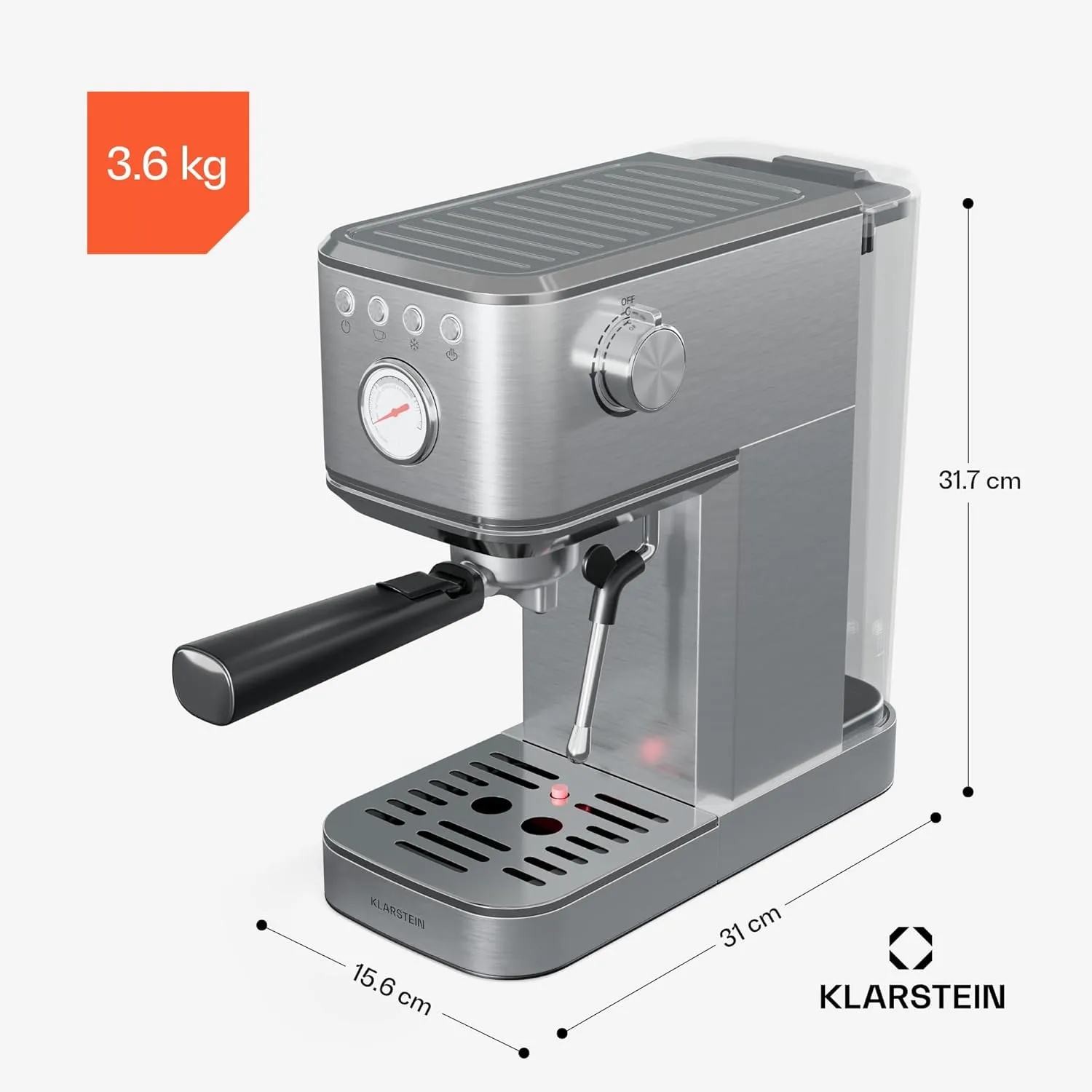 Klarstein SteelPresso Touch Slim Cafetera exprés – 20 Bares, 1350W, Depósito 1,2L, Boquilla de Vapor, Pantalla Táctil, Acero Ino