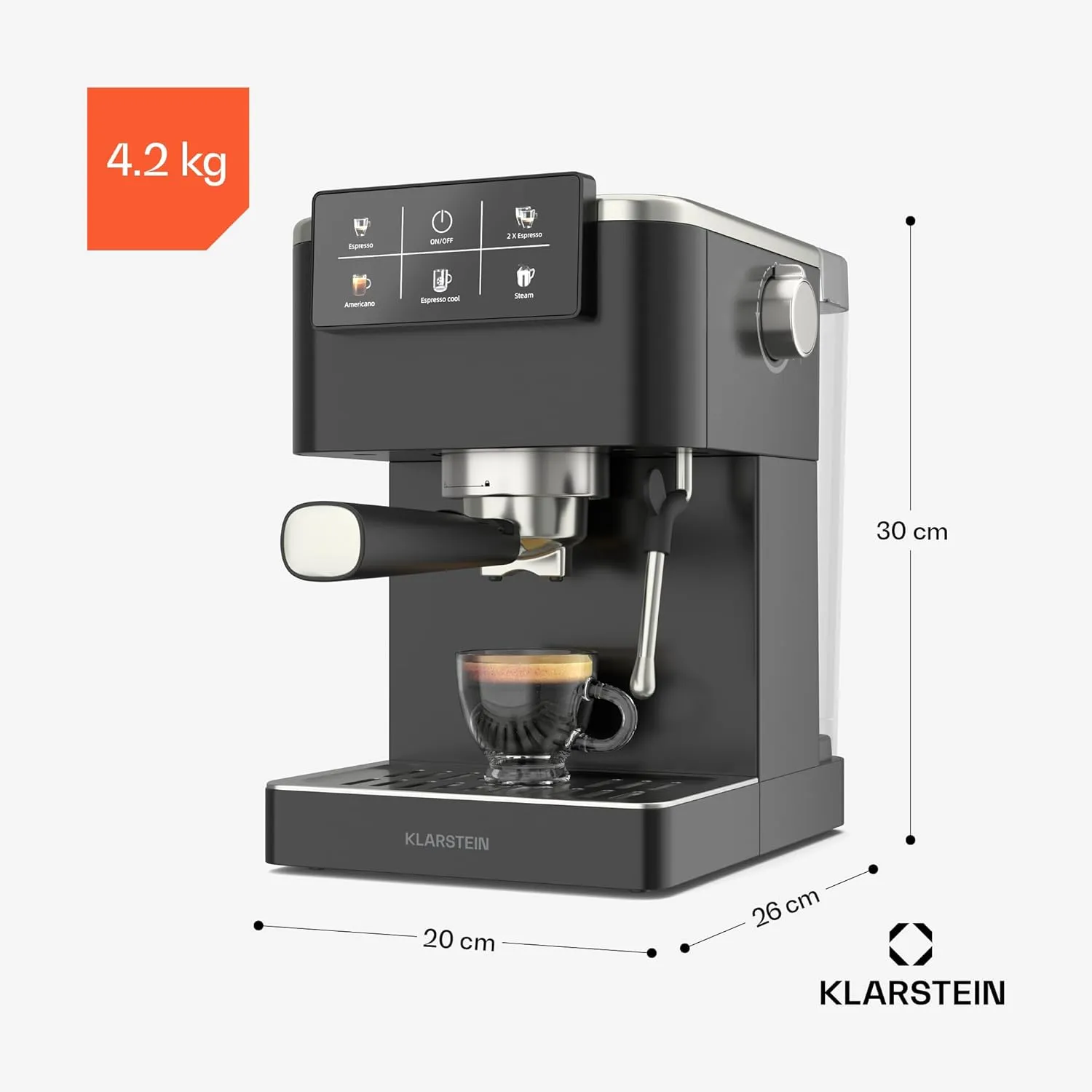 Klarstein SteelPresso Touch Slim Cafetera exprés – 20 Bares, 1350W, Depósito 1,2L, Boquilla de Vapor, Pantalla Táctil, Acero Ino